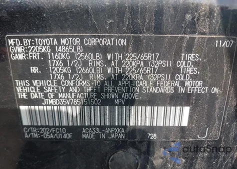 2008 Toyota Rav4 z USA, uszkodzony, nr VIN JTMBD35V785151502